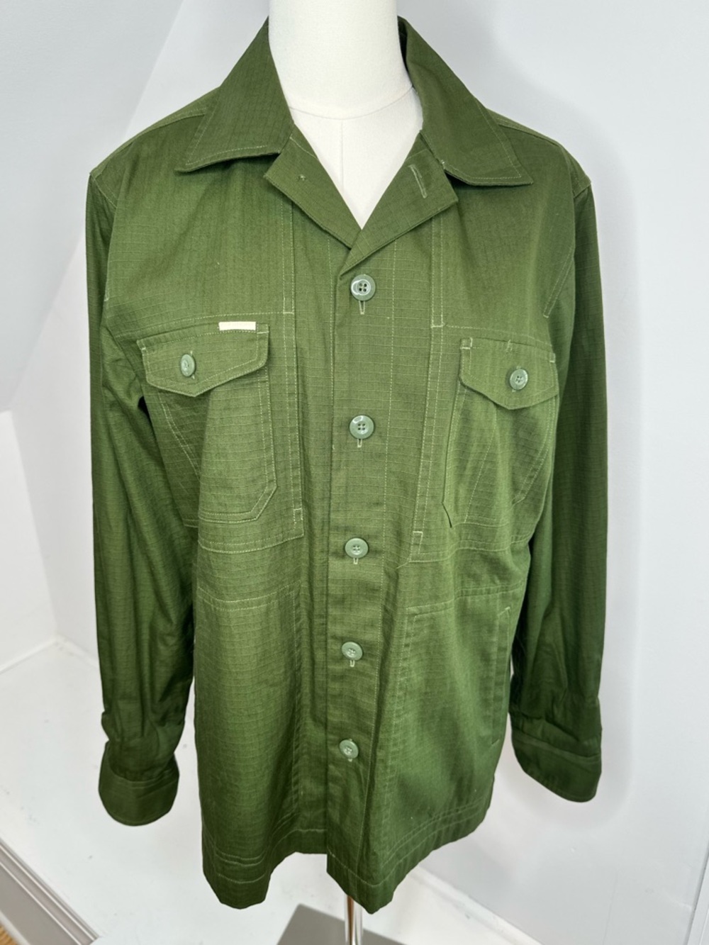 Aimé Leon Dore Olive Ripstop Safari Shirt - Long Sleeve Cotton, size XS